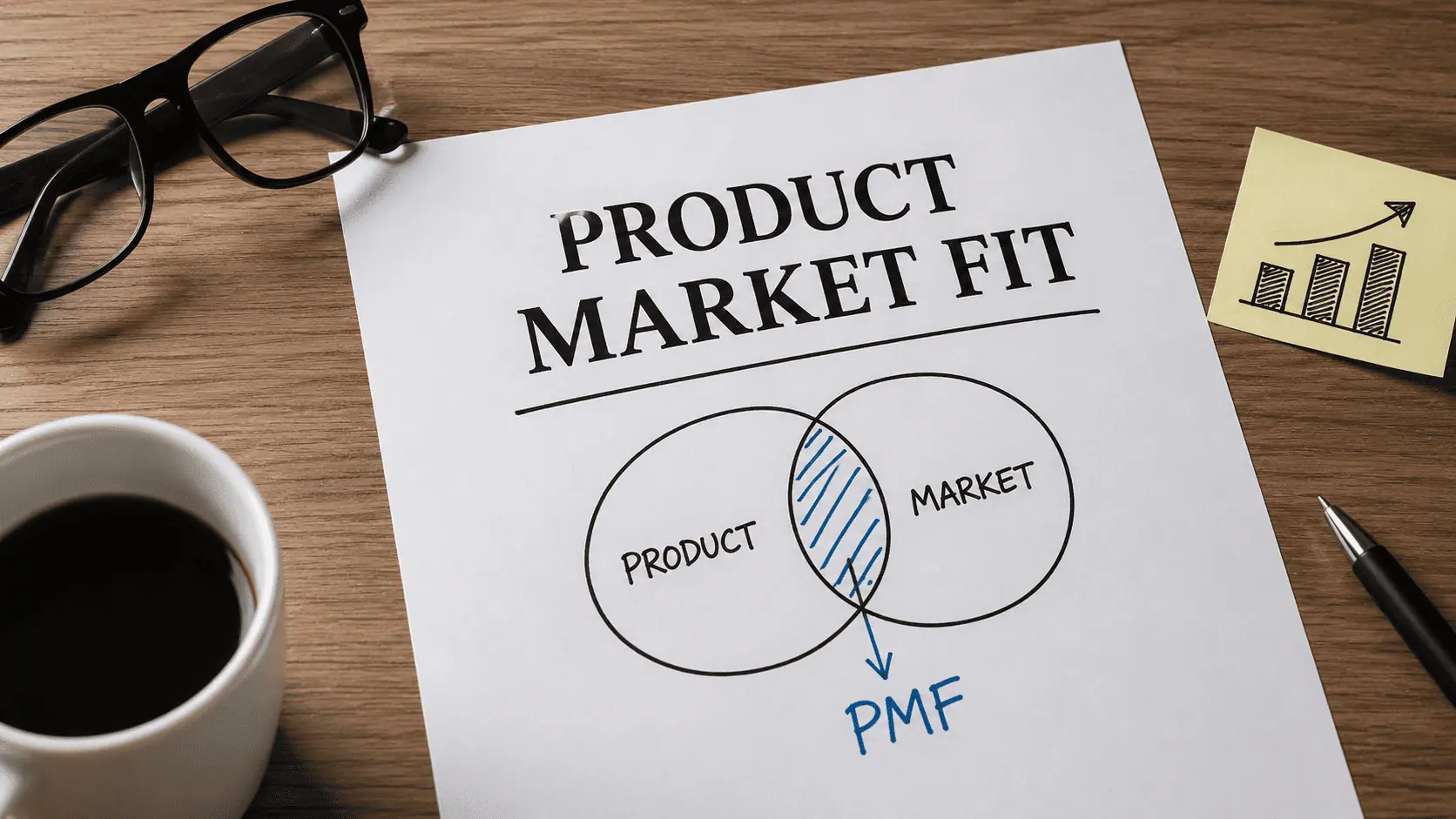 Ilustração realista sobre Product Market Fit mostrando análise entre produto e mercado em uma mesa de trabalho corporativa com gráfico estratégico e conceito de encaixe entre demanda e solução.