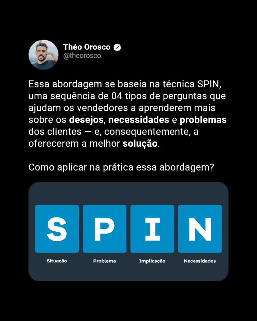 Representação de um tweet de Theo Orosco, mentor do G4, falando sobre a metodologia SPIN Selling.