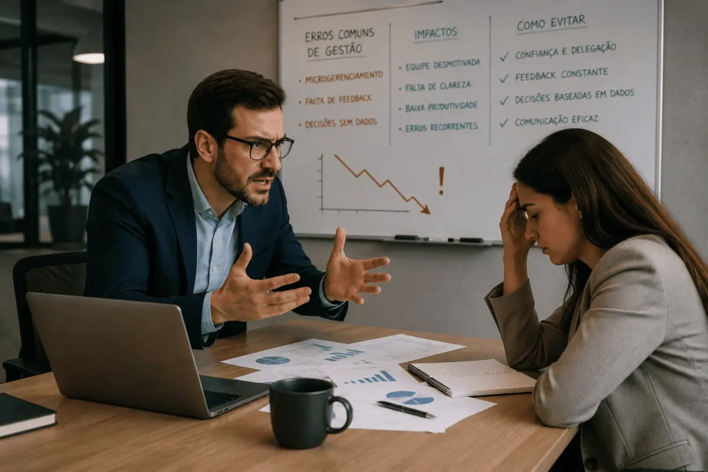 Gestor enfrentando erros comuns de gestão, como microgerenciamento, falta de feedback e tomada de decisões sem apoio de dados, durante conversa difícil com colaborador.